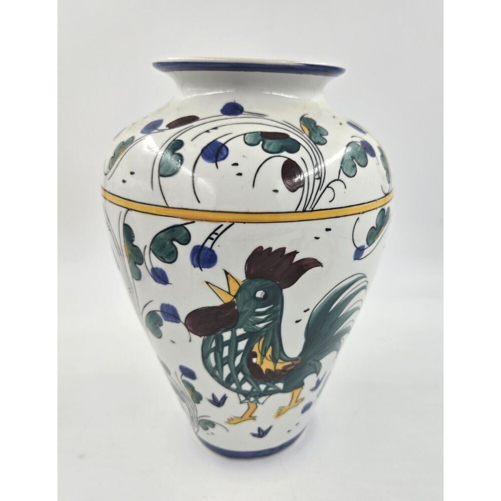 Vintage Italian Hand Painted Red Rooster Pottery Vase Floral 10 1/2" Tall - NICE